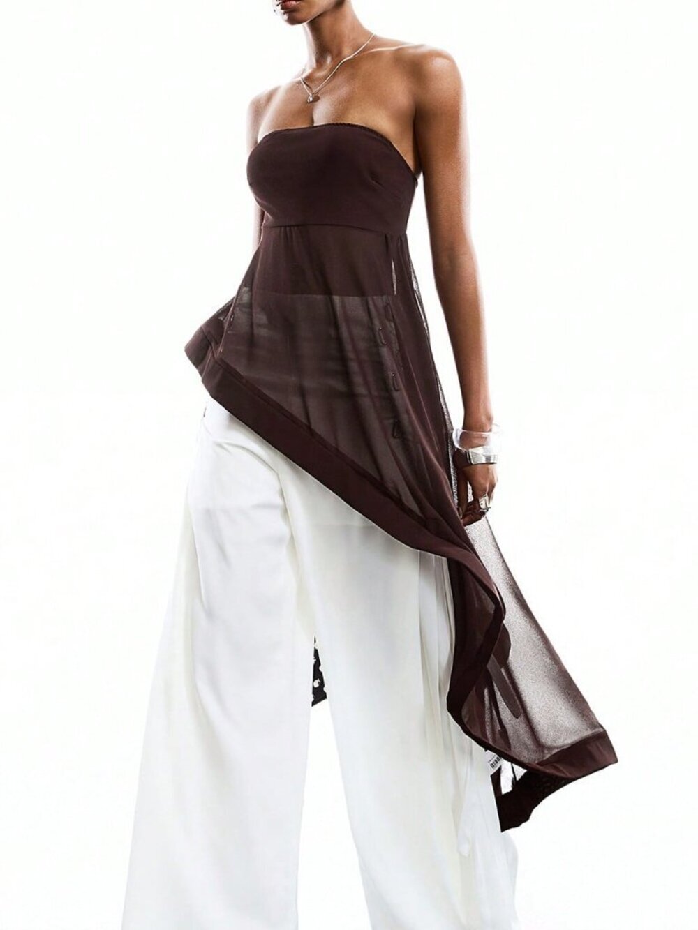 Coffee Brown Casual Women's Asymmetric Mesh Patchwork Camisole Top